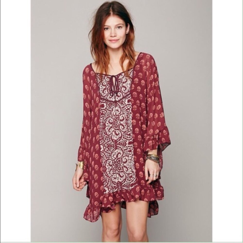 Free People Burgundy Patterned Mini Dress